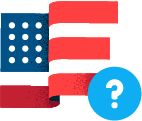 "american flag waving with a question mark in a blue circle"