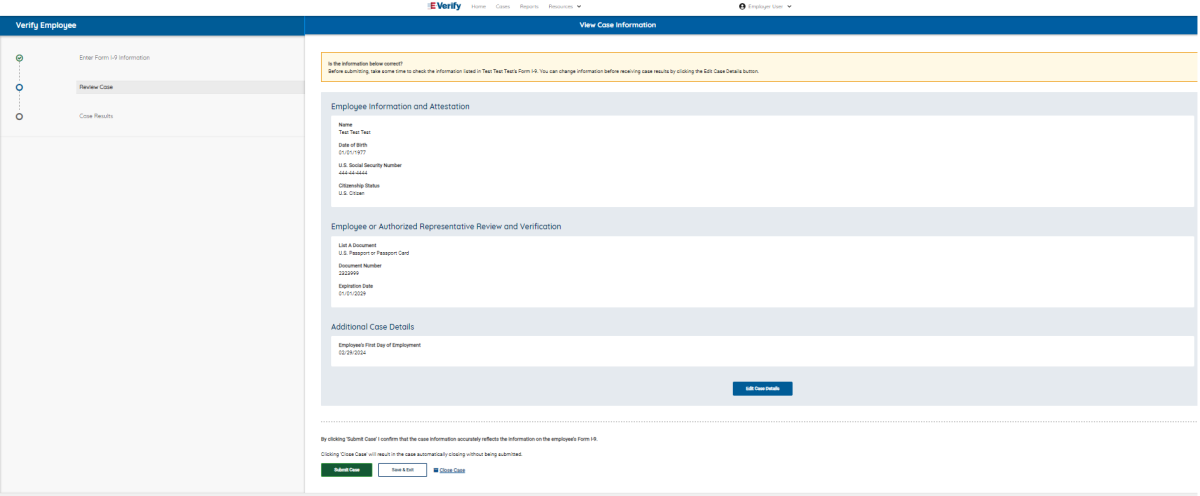 Screen capture if the Review Case page showing View Case Information