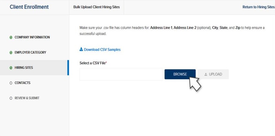 Screen capture of "Bulk Upload" download CSV file option under Bulk Upload Client Hiring Sites Page