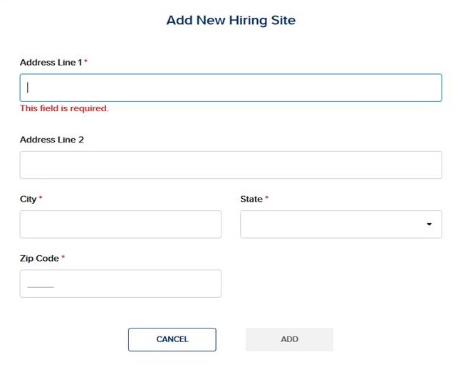 screen capture showing "Address" required fields under the Add New Hiring Site page 