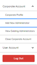 screen capture of CORPORATE ACCOUNT menu showing the Add New Administrators