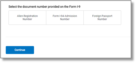 screen capture showing "Select the document number provided on the Form I-9"
