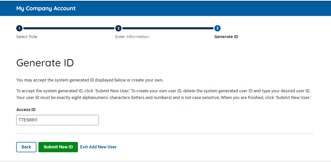 Screen capture showing the system-generated user ID or create a new user ID.