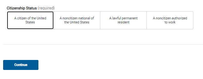 screen capture showing "Enter the employee’s Form I-9 information" citizenship statussecond page 