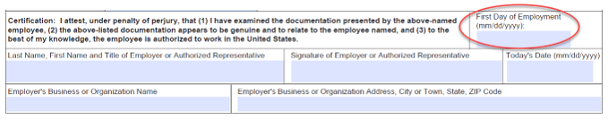 screen capture of the Employee Certification in Section2 of the Form I-9 highlighting the First Day of Employment field