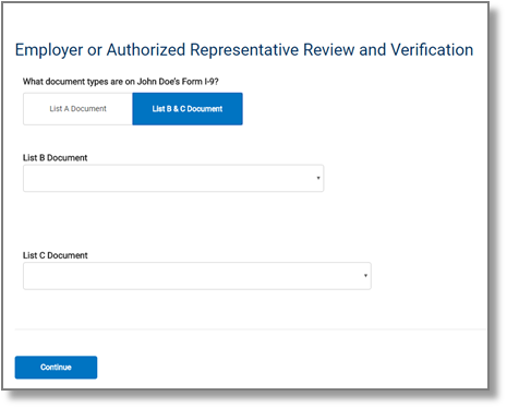 screen capture showing "Employer or Authorized Representative Review and Verification" List B and C