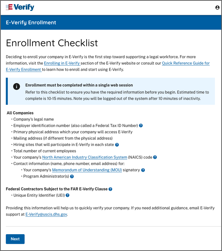 Screen Capture of E-Verify Enrollment's Checklist page
