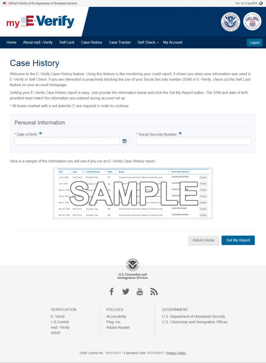 Screen capture of a Sample myE-Verify® Case History Welcome Page